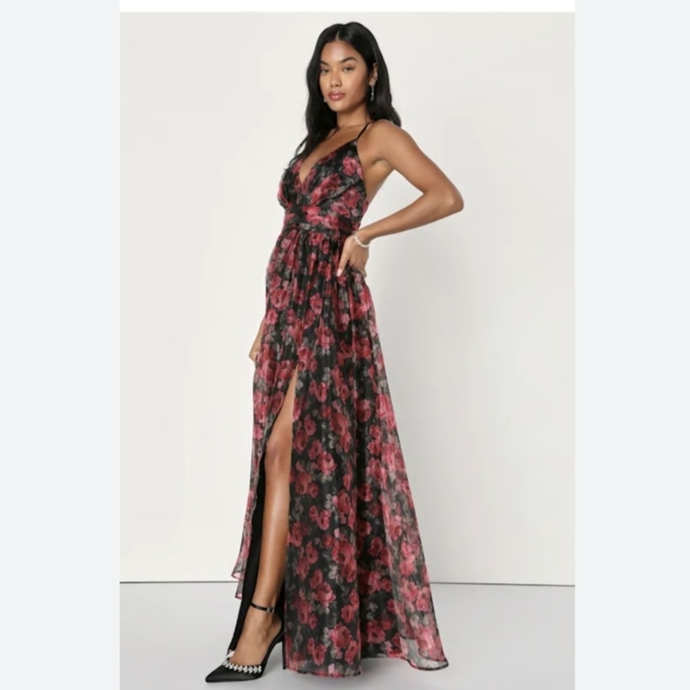 Lulus Floral Open Back Organza Simply Divine Maxi Dress Size Small S NEW